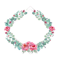 Bright fresh cute elegant watercolor peonies wreath. Colorful summer flowers in pink and red. Illustration for vintage greeting. Romantic garden flowers. For wedding invitations, card design