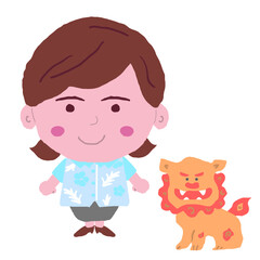 沖縄のかりゆしウェアを着た女性とシーサー　イラスト素材