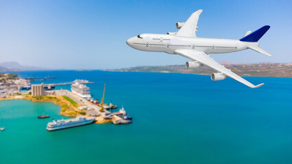 Airplane fly above beautiful nature landscape island, Tourism destination, Background for banner summer holiday vacation travel trip