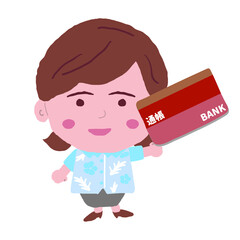 通帳を持つ沖縄のかりゆしウェアを着た女性　イラスト素材