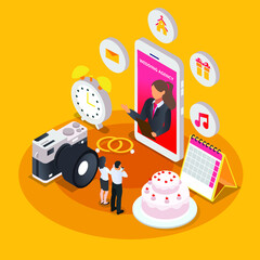 Couple making video call to their wedding consultant online isometric 3d vector illustration concept banner, website, landing page, ads, flyer template