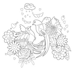 Contour linear illustration for coloring book with two pretty birds. Beautiful cute couple,  anti stress picture. Line art design for adult or kids  in zen-tangle style, tattoo and coloring page