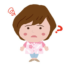 悩んでいる沖縄のかりゆしウェアを着た女性　イラスト素材