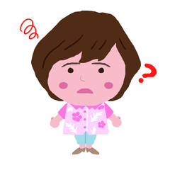 悩んでいる沖縄のかりゆしウェアを着た女性　イラスト素材