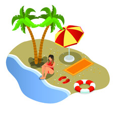 Woman relaxing on beach isometric 3d vector illustration concept banner, website, landing page, ads, flyer template