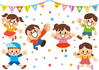 Fototapeta premium 誕生日,子供,学校,幼稚園,保育園,小学校,小学生,卒業式,入学式,卒園式,卒園,入園,入園式,ジャンプ,元気,かわいい,笑顔,友達,