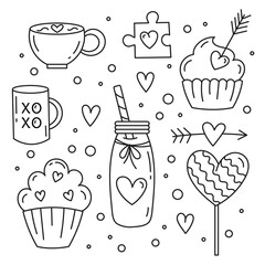 A set of illustrations for Valentine's Day. Hearts, mug, cupcakes, lollipop, puzzle, arrow. Isolated on a white background.