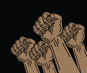 Group of raised up fists arms of protesting peoples. Protest, demonstration