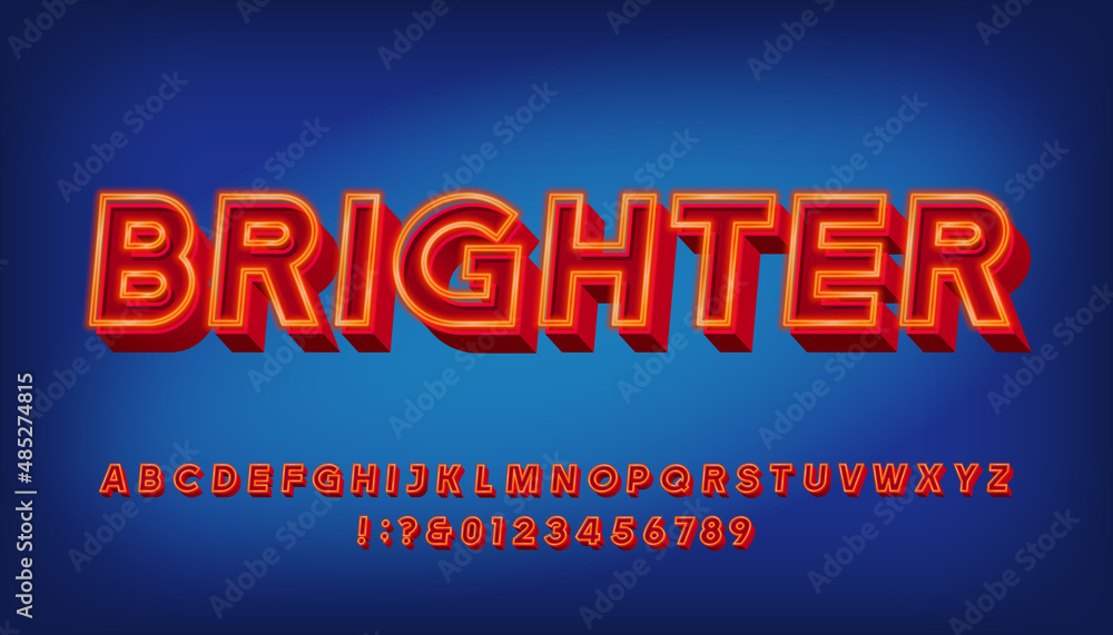 Aufkleber brighter alphabet font. 3d neon letters and numbers. stock vector typeface for your typography in re