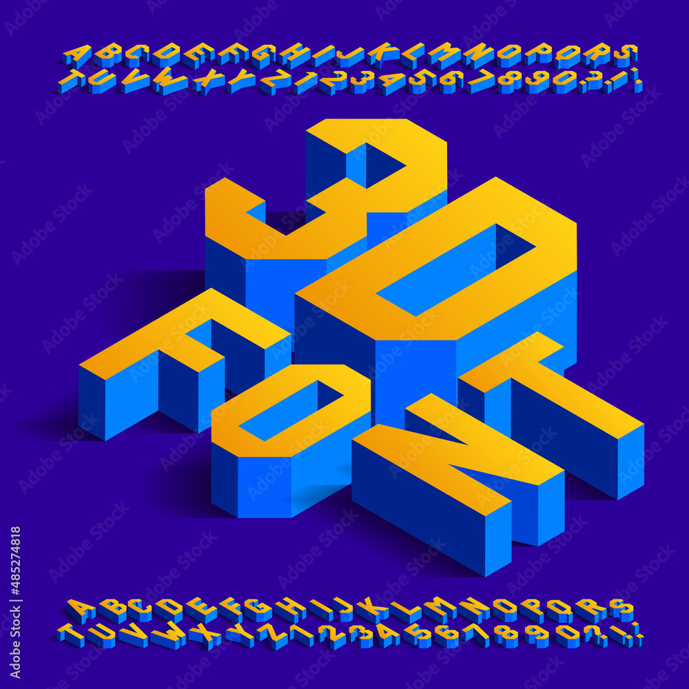 Fototapete 3d alphabet font. isometric letters and numbers with shadow. stock vector typeface for your typograp