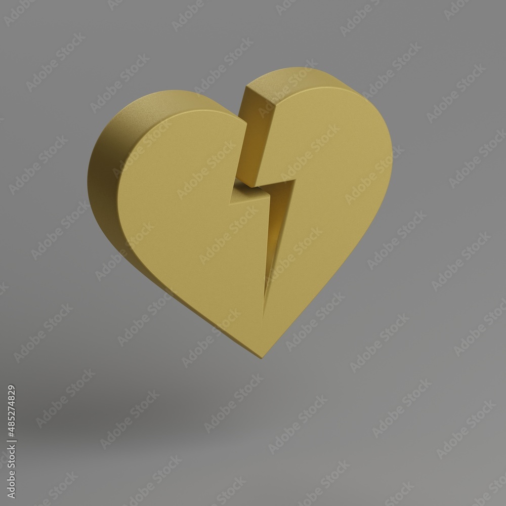 Poster  Heart Broken icon. Yellow symbol social icons on gray background. 3d rendering illustration. Background pattern for design.