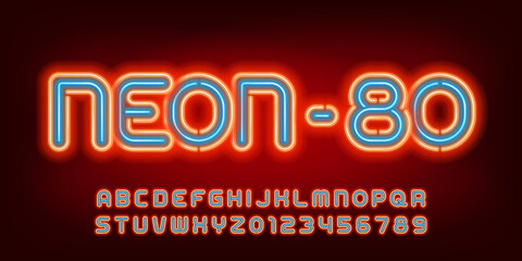 Neon-80 alphabet font. Two color neon light letters, numbers and symbols. Stock vector typescript for your design.