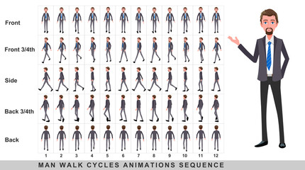 Walking animation of businessman,Character Walk Cycle Animation Sequence. Frame by frame animation sprite sheet.Man walking sequences of Front, side, back, front three fourth and back three fourth.
