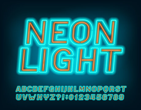 Neon Light alphabet font. Two color neon light letters, numbers and symbols. Stock vector typescript for your design.