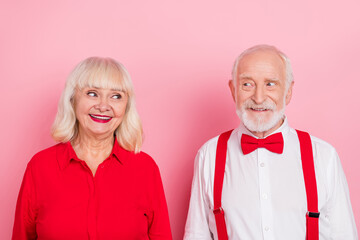 Photo of pensioner retired stylish trendy man lady look shy first meet isolated pastel color background