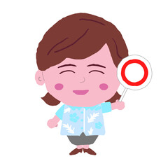 丸札を持つ沖縄のかりゆしウェアを着た女性　イラスト素材