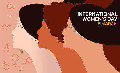Fototapeta na wymiar International Women's Day. Vector illustration of five happy smiling diverse women standing together.