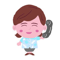受話器を持つ沖縄のかりゆしウェアを着た女性　イラスト素材