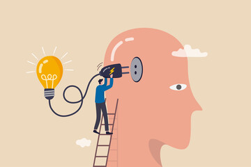 Creativity and idea thinking, brainstorm for solution, imagination or innovation to create new idea concept, smart businessman climb up ladder to plugin creative lightbulb into his brain head.
