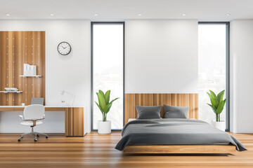 White empty wall, modern bedroom interior and home office with panoramic window, comfortable bed. Laptop on desk. Concept of modern life. Mockup copy space. 3d rendering.