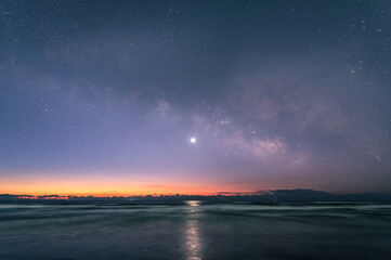 九十九里浜から見る朝焼けと天の川と火星