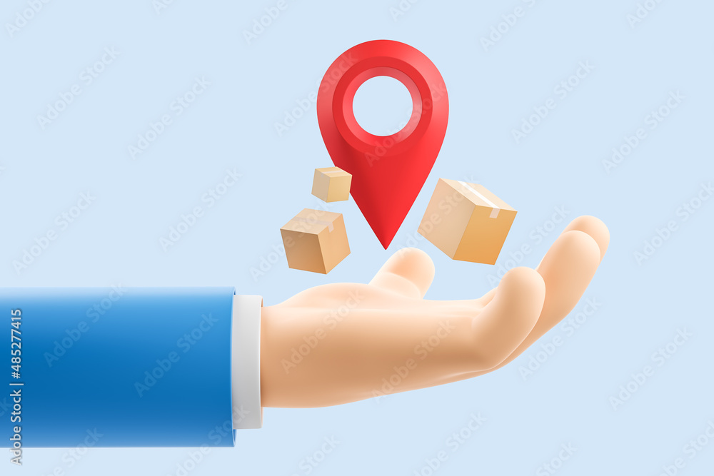 Aufkleber man hand and cardboard boxes with location mark on light background