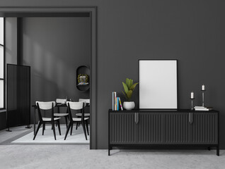 Grey eating room interior with furniture and drawer, mockup poster