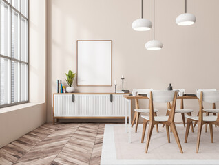 Light eating room interior with furniture and window, mockup poster
