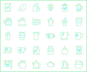 Set of tea and drink icons line style. It contains such Icons as star anise, infusion bags, tea strainer, green tea, nature, herbal, rooibos and other elements.