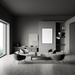 Grey guest room interior with seats and decoration, window and mockup poster