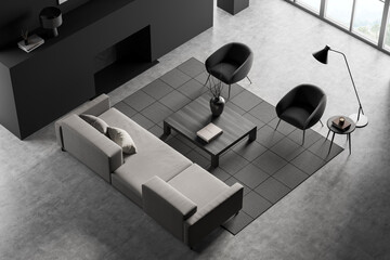 Fototapeta na wymiar Top view of grey living room interior with sofa and seats, coffee table near window