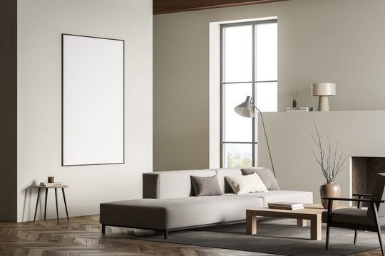 Light living room interior with sofa and coffee table near window, mockup poster