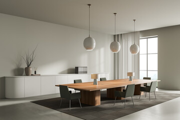 Light office room interior with seats, table and shelf with window