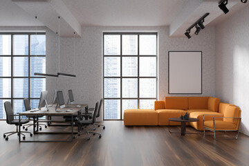 Mockup poster on office wall. Bright room interior with workplaces and panoramic windows