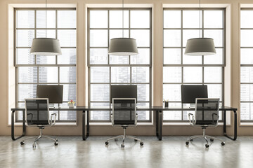 Office room interior with seats, table and pc, window with city view