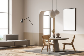 Guest room interior with seats and table, couch near window. Mockup poster