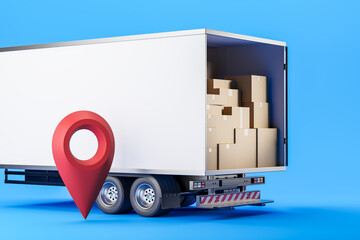 Truck with parcels and map pointer, shipping. Mockup copy space