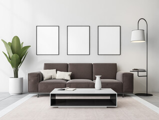 Living room interior with brown couch in light room, mockup posters