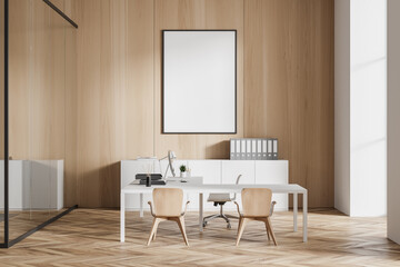 Fototapeta premium Light business room interior with furniture and computer. Mockup poster