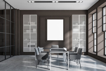 Fototapeta premium Front view on dark office room interior with empty white poster
