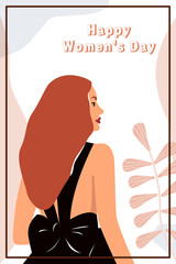 Happy Women's Day, 8 march greeting card. Beautiful cute young lady in black dress and abstract plant. Vector illustration for party invitation, poster, beauty flyer