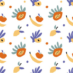 Exotic fruits and abstract organic shapes seamless pattern background. Trendy minimalist print inspired Mattise art style. Repeat vector texture