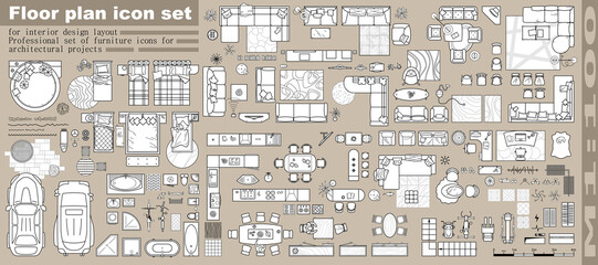 Floor plan. Furniture outline top view. Set of isolated linear icons for interior. Objects and elements for apartments, living room, bedroom, kitchen, bathroom. Bed, sofa, table. Vector Illustration - obrazy, fototapety, plakaty