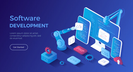 Software Development programming, engineering, coding. Testing and bug fixing. Creating new applications, programs, frameworks. Isometric landing page. Vector web banner. - obrazy, fototapety, plakaty