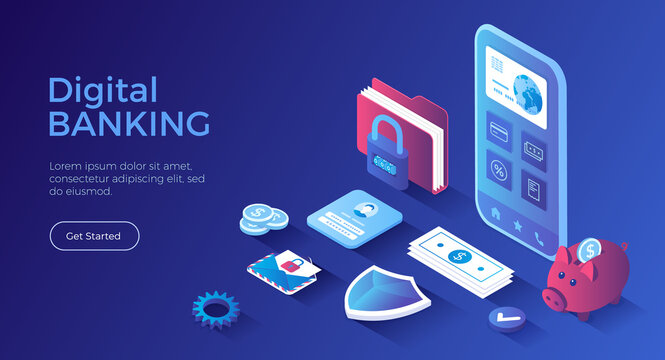 Digital Banking Online Services. Mobile banking and accounting platform. Online financial operations, payment, shopping. Isometric landing page. Vector web banner.