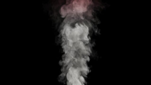 A column of white smoke, slightly tinted pink above, quickly rises from below against a black background.