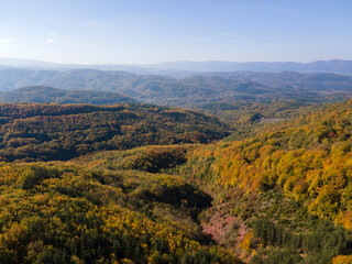 Fototapeta premium Aerial Autumn Landscape of Erul mountain near Kamenititsa peak, Bulgaria