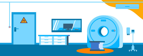 Empty MRI scan room with an MRI scanner, injector, table, air conditioner, closet and a window to a control room. Vector flat illustration for backgrounds, banners, templates.