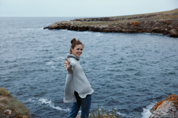 beautiful woman beach tourism cloudy weather stone coast Lifestyle