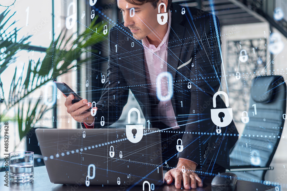 Poster businessman in suit checking cyber security using smart phone to protect clients confidential inform